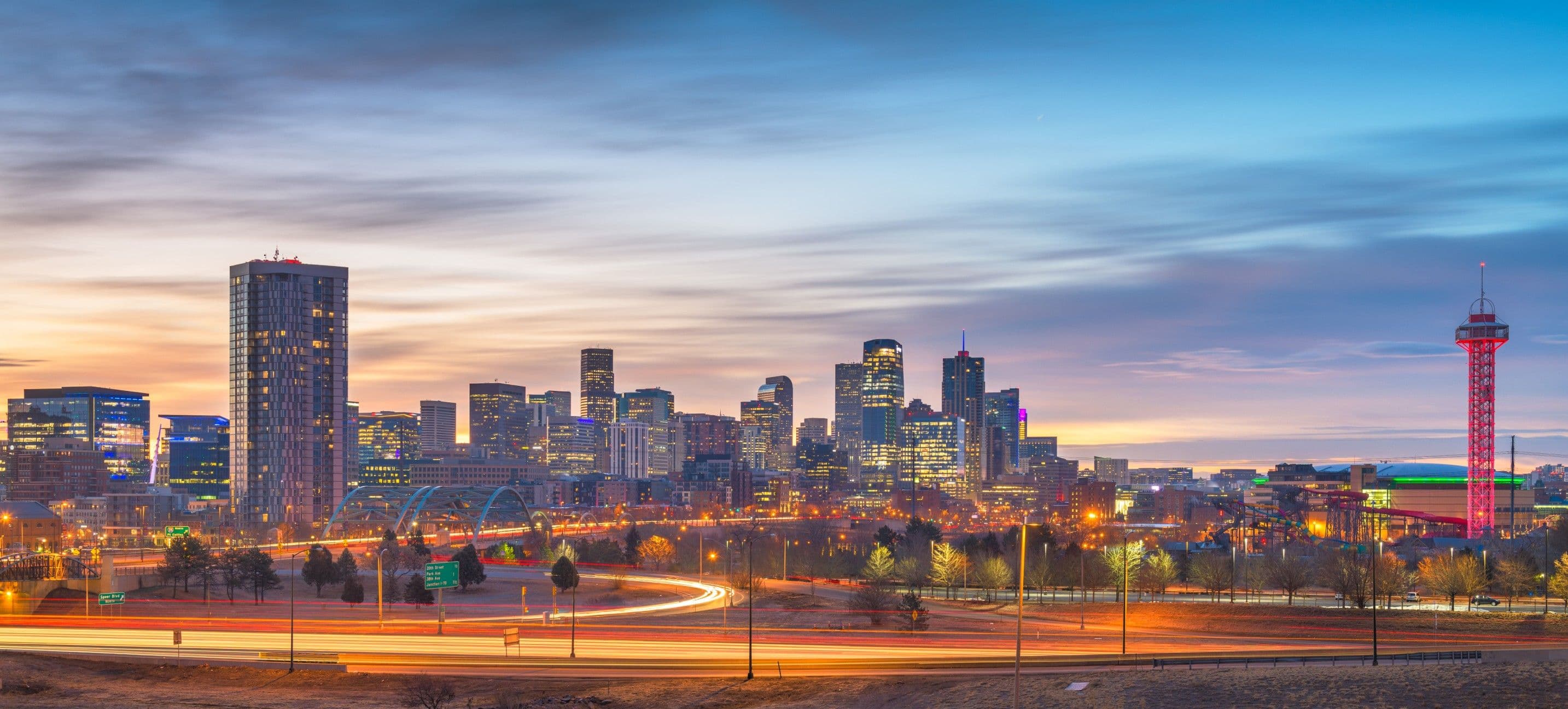 Downtown Denver skyline at sunset